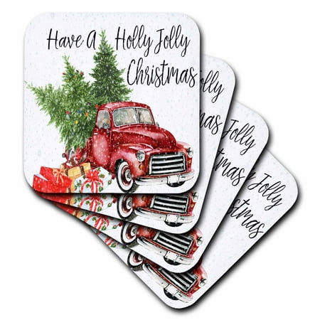 

3dRose Have A Holly Jolly Christmas Red Truck With Christmas Trees - Soft Coasters set of 4