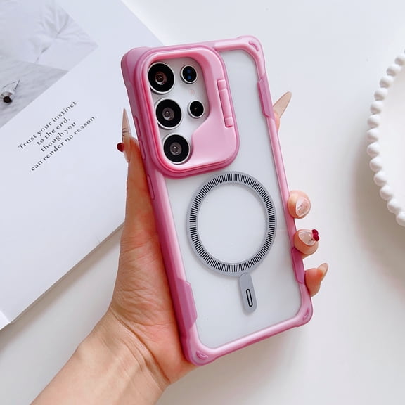 for Samsung Galaxy S24 Ultra Clear Phone Case, Compatible with MagSafe Camera Kickstand Guard, Military-Grade Protective Shockproof Slim Fit Scratch-Resistant Transparent Case Cover - Pink