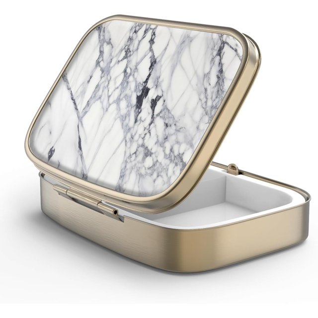 Pill Case Pill Box with Mirror Retro 2 Compartment Small Pill Case for Purse or Pocket Bronze Rectangular Pill Box or Vitamins, Fish Oil, Supplements, Pill Containe Travel Gifts(White Marble)