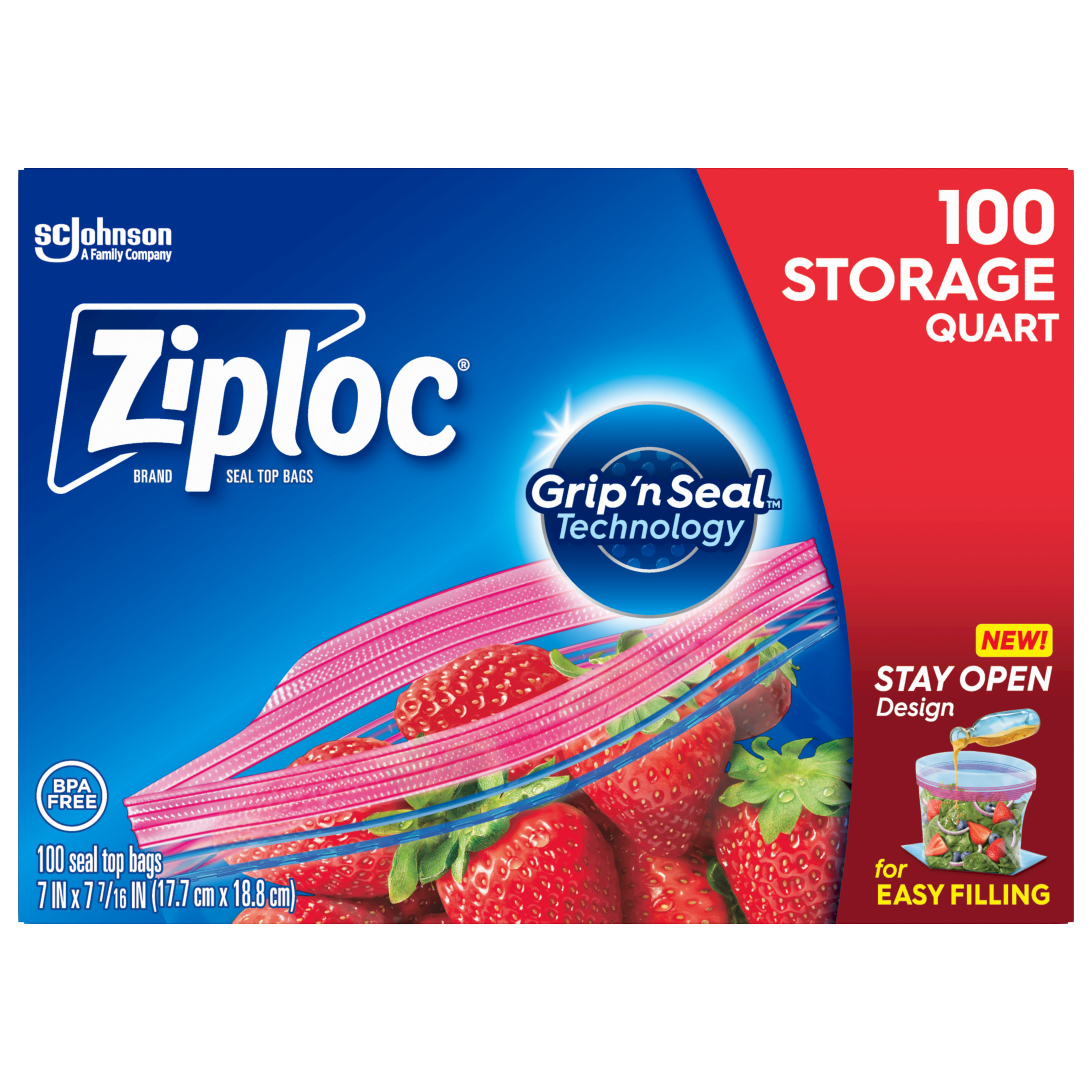 Ziploc® Brand Storage Bags with New Stay Open Design, Quart, 100 Count ...