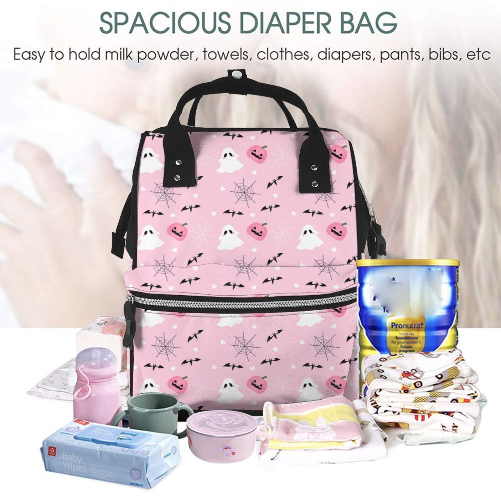 Fuzoiu Bat And Pumpkin Print Diaper Bag Backpack,Baby Essentials Travel Tote,Multi function Waterproof Diaper Bag, Travel Essentials Baby Bag - Unisex