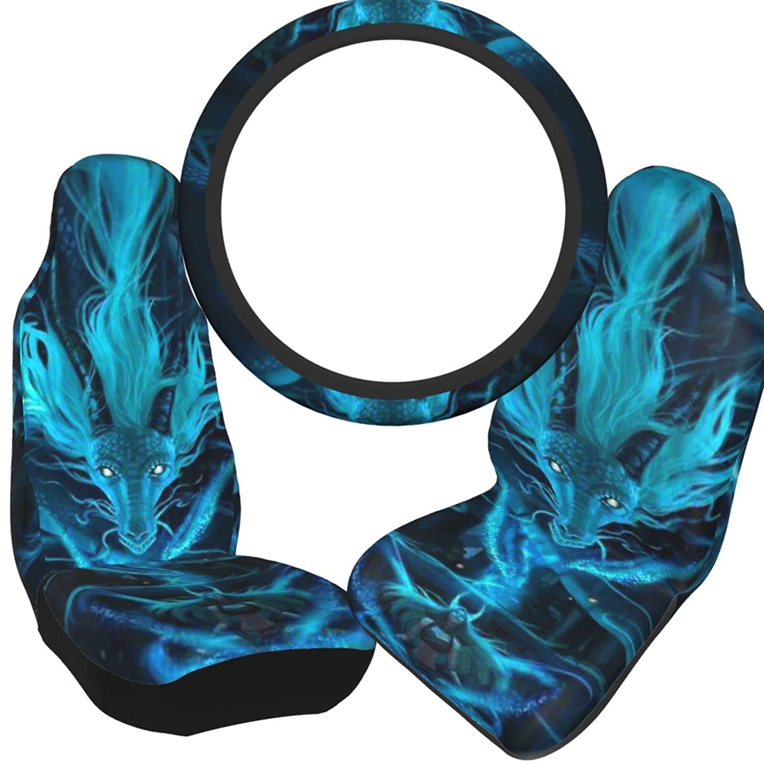 QIBAIDAN Blue Spiritual Dragon Seat Covers Steering and Wheel Cover Set