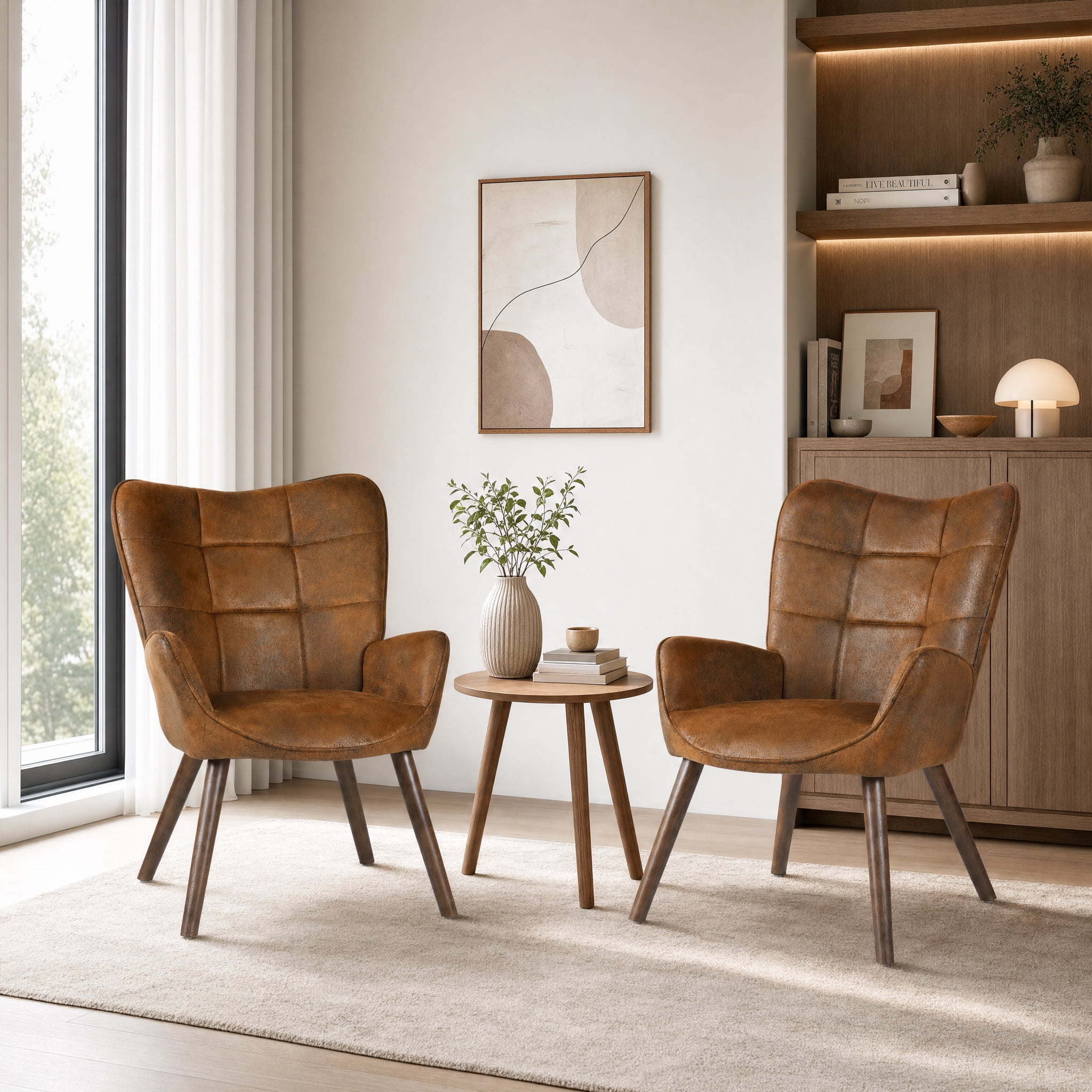 Homy Casa Brown Accent Chair, Faux Leather Wingback Armchair with Wood Legs for Lounge