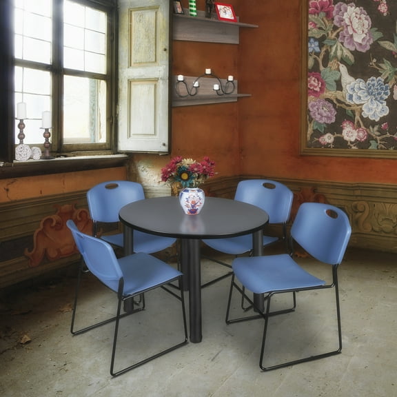 Homestock Modern Marvel 36" Round Lounge Table Grey/ Black With 4 Nesting Chairs, Blue - Ergonomic Breakroom Furniture Set For Staff Break Room, Tables & Chair, Breakroom Set