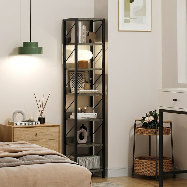 EDTara Rustic Narrow Bookshelf, 6-Tier Storage Rack With Metal Frame, Compact Freestanding Shelf for Corner Use