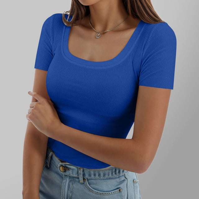 WILLBEST T-Shirt Canada pour Femmes Été Manches Courtes Col Carré Côtelé Ajusté Décontracté