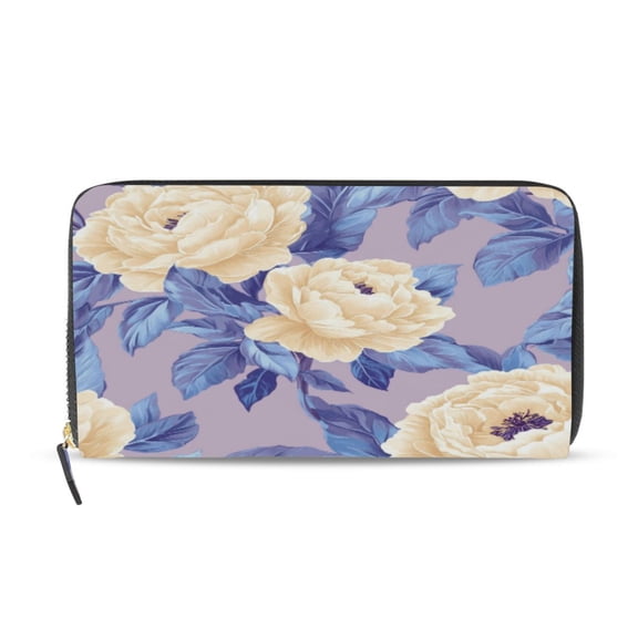 Qxltty Beige Peony Women's Leather Wallet Fashion Retro Multi Card Holder with Cell Phone Pocket Mothers Day Gifts