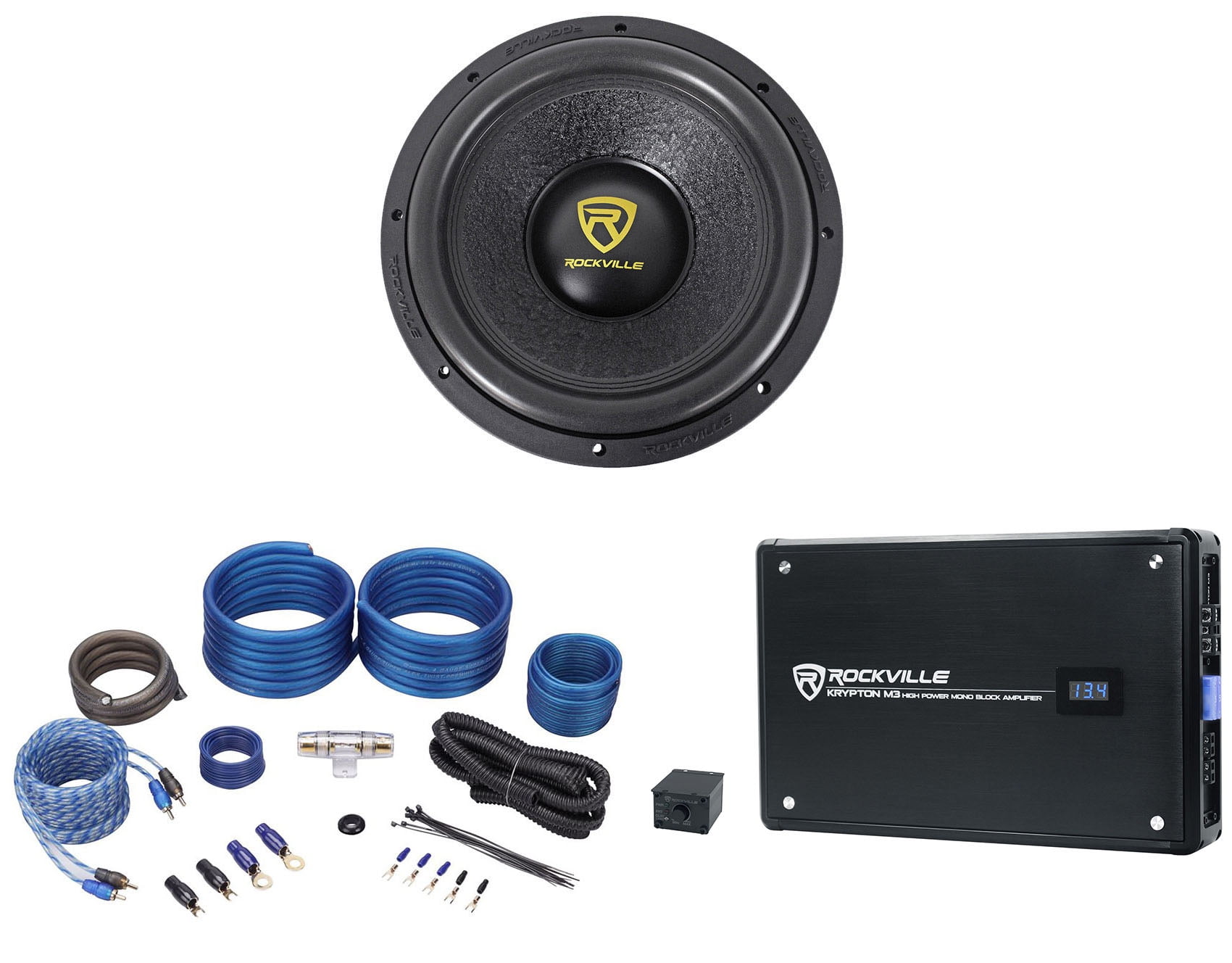 Rockville W12K9D2 12 8000 Watt Car Subwoofers+Mono Amplifier+Copper Amp Kit 2 