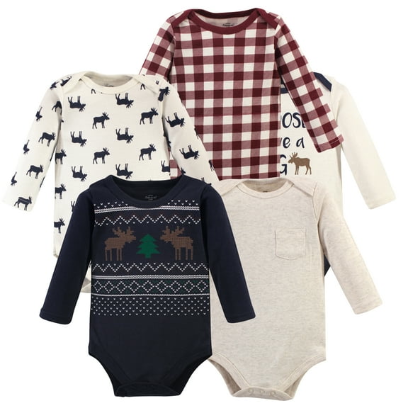 Luvable Friends Little Treasure Long-Sleeve Bodysuits 5pk, Forest Moose Sweater, 0-3M
