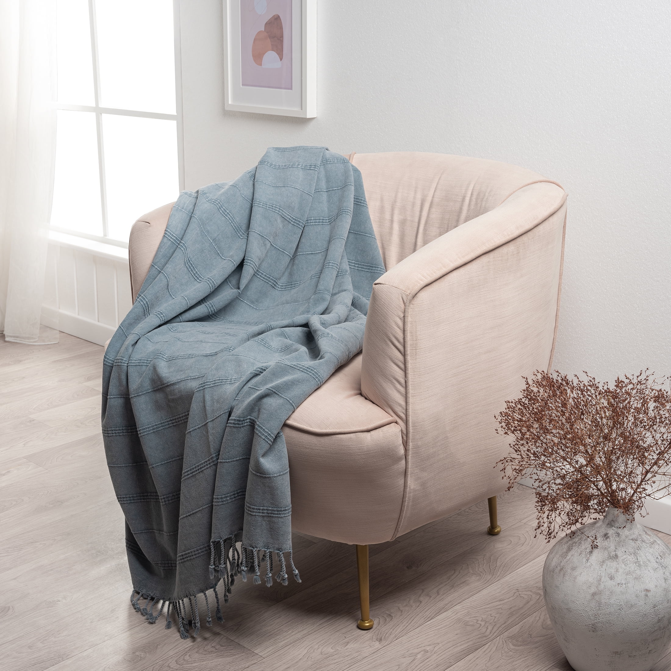 Ox Bay Sarra Bluish Gray Striped Fringed Ultra-Soft Turkish Cotton Reversible Throw Blanket, 50" x 60"