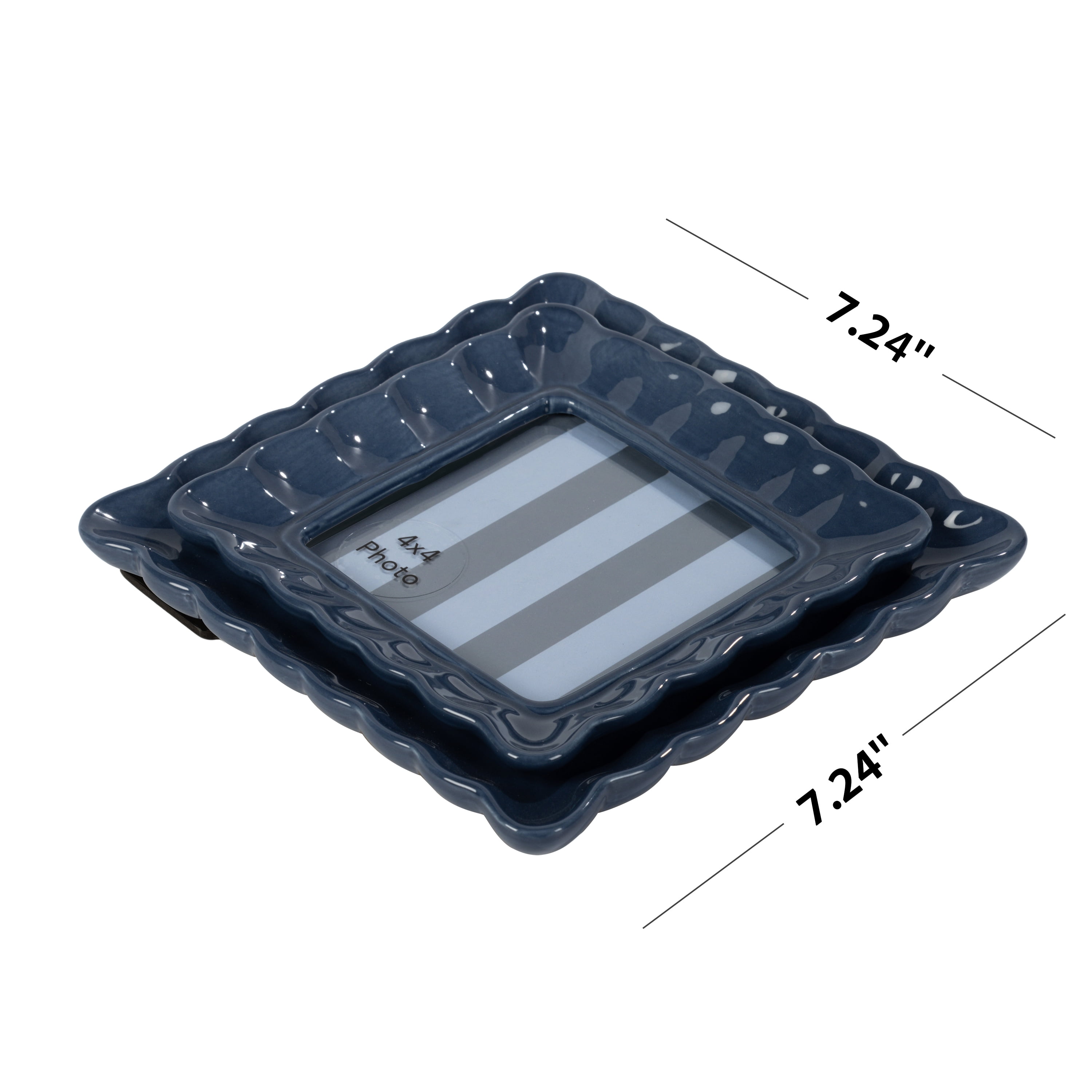Sterling & Noble Home – 4x4 Picture Frame – Double Ruffle Dark Blue Ceramic Tabletop Photo Frame