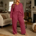 thumbnail image 4 of Naittoop Women Pajama Set Plus Size Long Sleeve 2 Piece Pj Sets Soft Long Sleeve V Neck Tops Wide Leg Pants with Pockets, 4 of 5