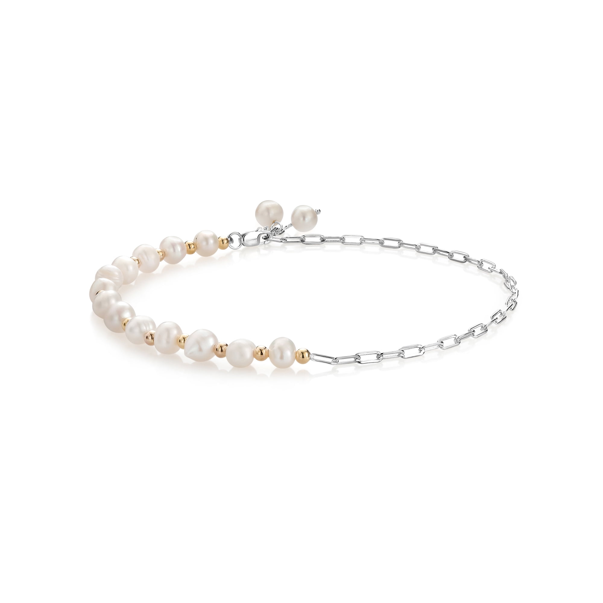 Gem Stone King 925 Two-Tone Sterling Silver 14 Cultured Freshwater Pearl Paperclip Chain Adjustable Anklet for Women up to 10 inch