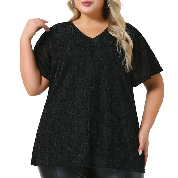 DARING DIVA Women's Plus Metallic V Neck Party Top 1X Black