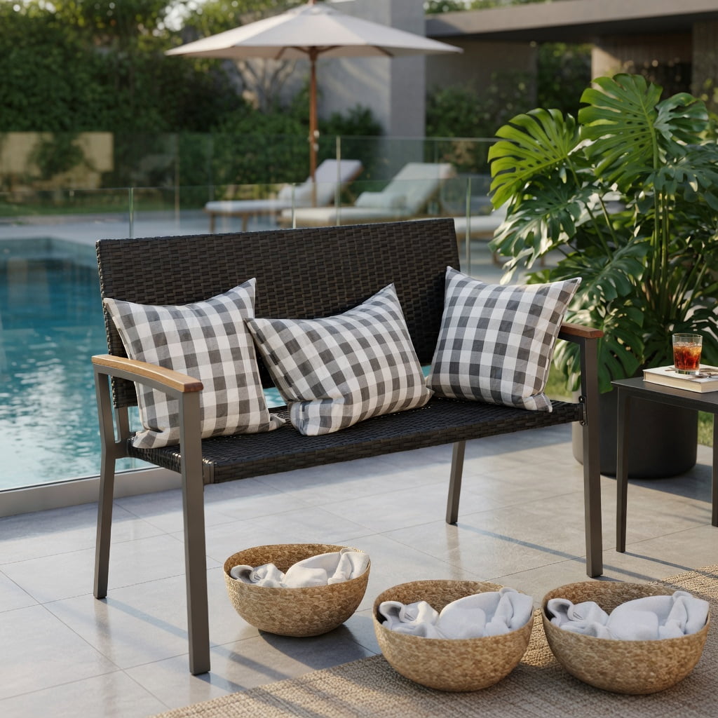 Hommoo Outdoor Wicker Patio Bench with Acacia Wood Armrests, 45" Steel Frame, Weather-Resistant PE Rattan, for Garden, Porch & Indoor Use, Black