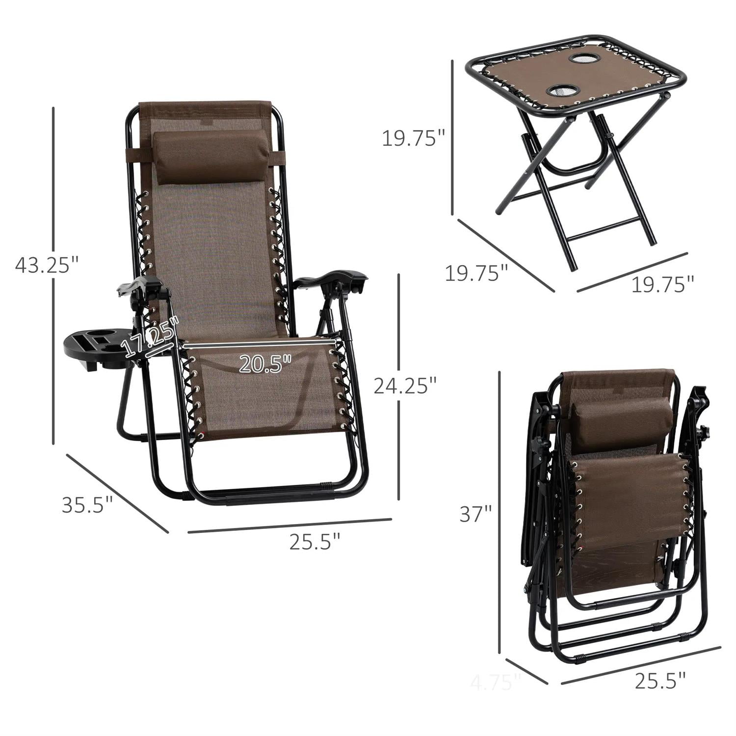 Demi Bonn Outdoor Zero Gravity Chair Set with Side Table, Folding Reclining Chair with Cupholders, Pillows, Adjustable Lounge Chair for Pool, Backyard, Lawn, Brown