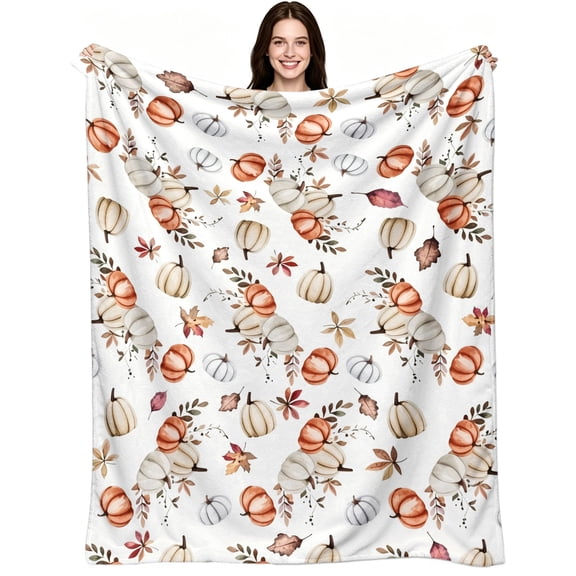 Autumn Watercolor Pumpkin Fall Leaves Print, Soft Warm Flannel Fleece, Watercolor Rustic Farmhouse, Throw Blanket, Cozy Warm, Home Decor, Couch Sofa Bed Home