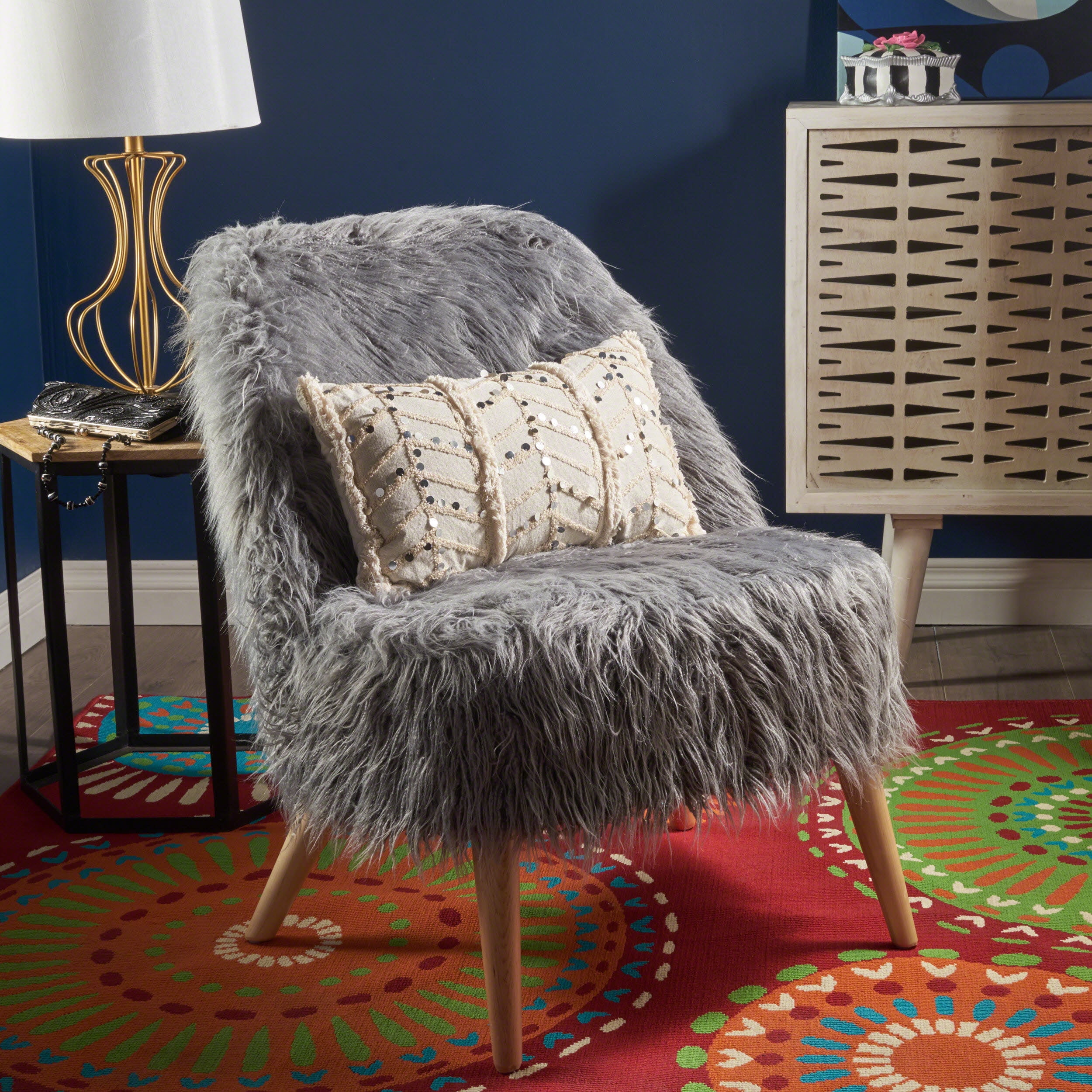 Noble House Ares Shaggy Faux Fur Accent Chair, Grey