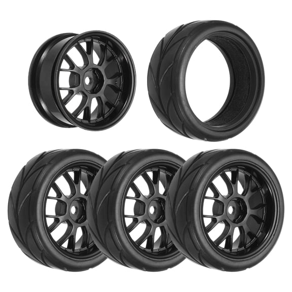 4-Pair High-Grip RC Car Tire & Wheel Set for 1/10 On-Road Touring Cars - Soft Rubber Tyres with 12mm Hubs, Black, Type J