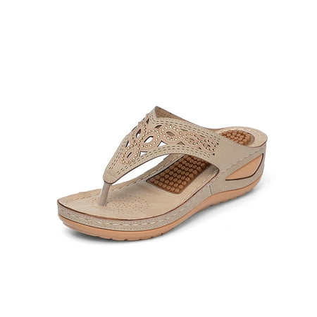 

Woobling Womens Flip-flops Beach Sandal Summer Thong Sandals Indoor Outdoor Slides Slippers Massage Function Wedge Vintage Apricot 9