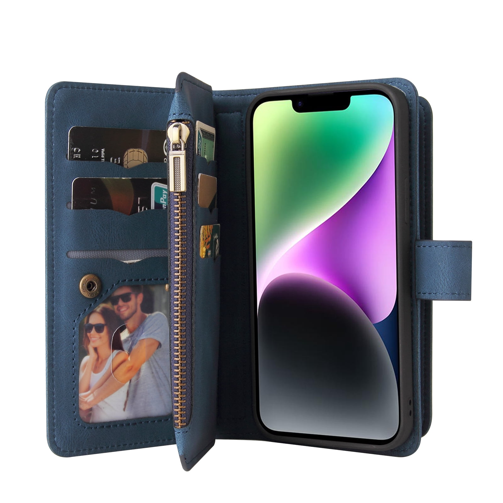 Wallet Case for iPhone 15, Magnetic Zipper Pouch Premium PU Leather with Kickstand Wallet Flip Shockproof Phone Case Wrist Strap Card Slots Holder Pocket iPhone 15,
Blue