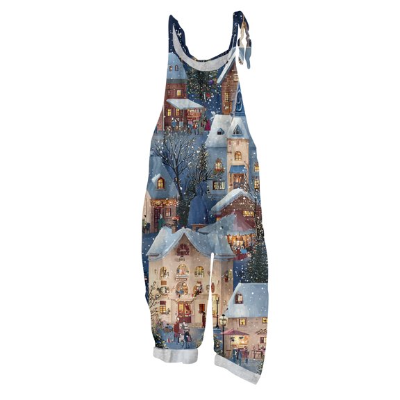Women's Vintage Cotton Linen Overalls with Christmas Print - Casual Loose Jumpsuit with Shoulder Straps & Pockets, Dark Blue, Size L