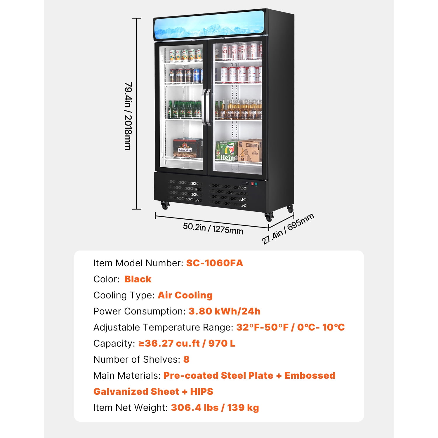 KFFKFF Business-Grade Beverage Chiller, 36.27 CU.FT Vertical Drink Cooler, Dual Transparent Door Fridge with 8 Modifiable Racks, Subtle LED Illumination, Personalizable Lightbox, Mobile Wheels, Black