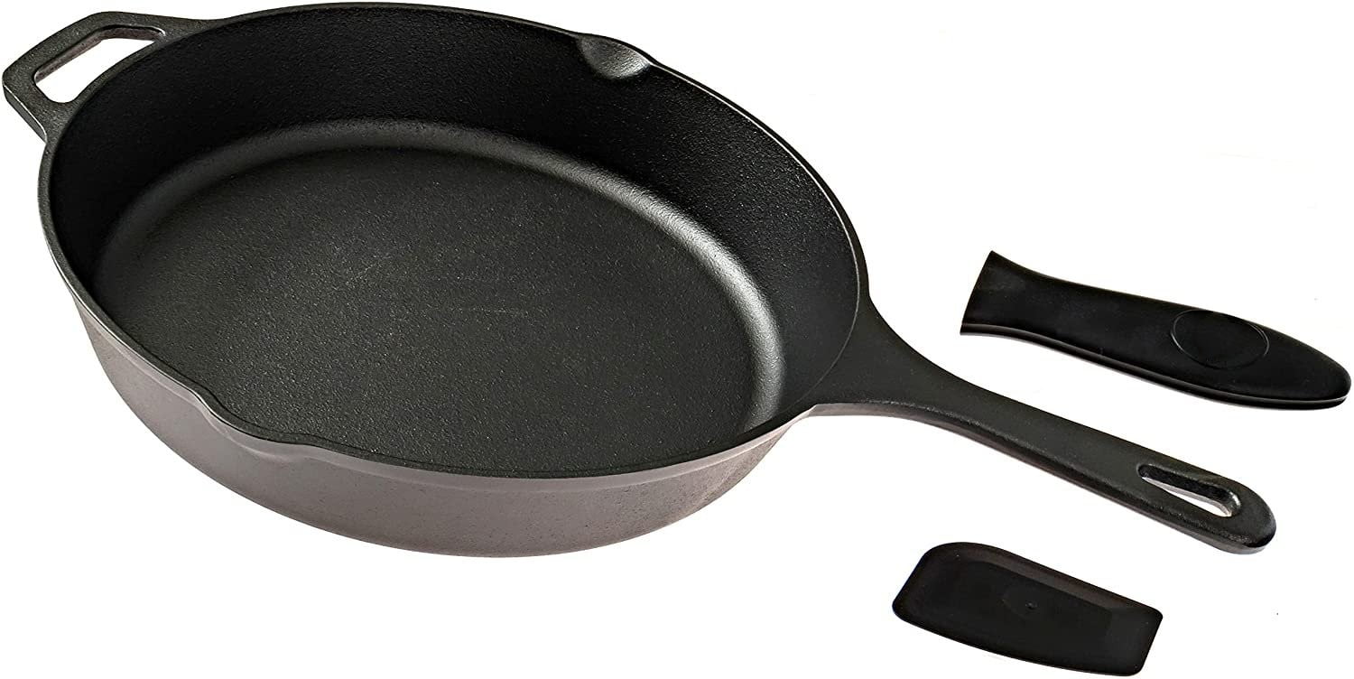 Preseasoned Cast Iron Skillet 10 Inch with Removable Silicone Handle Grip and Pan Scraper, Cast