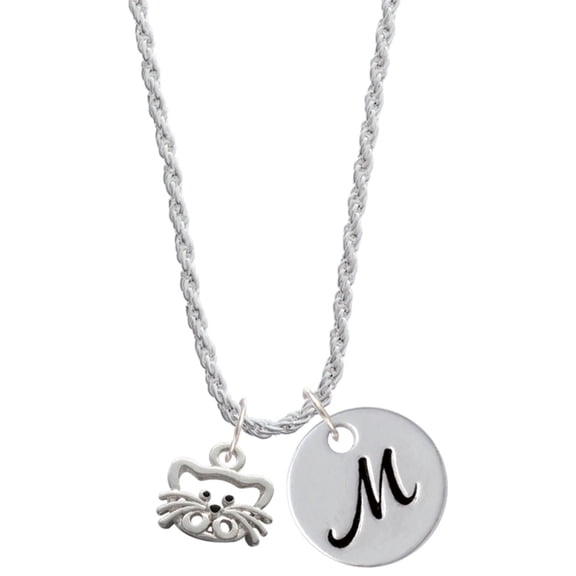 Delight Jewelry Silvertone Open Cat Face Silvertone Script Initial Disc - M - Charm Necklace, 20"+3"