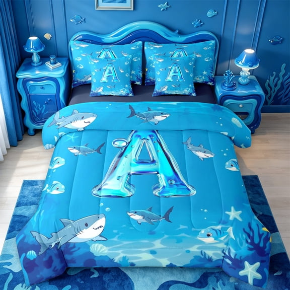 meiyoeat Cute Shark Monogram A 7-Piece Twin Bedding For Boys,Ocean Theme Bedding Comforter Set,Navy Blue Reversible
