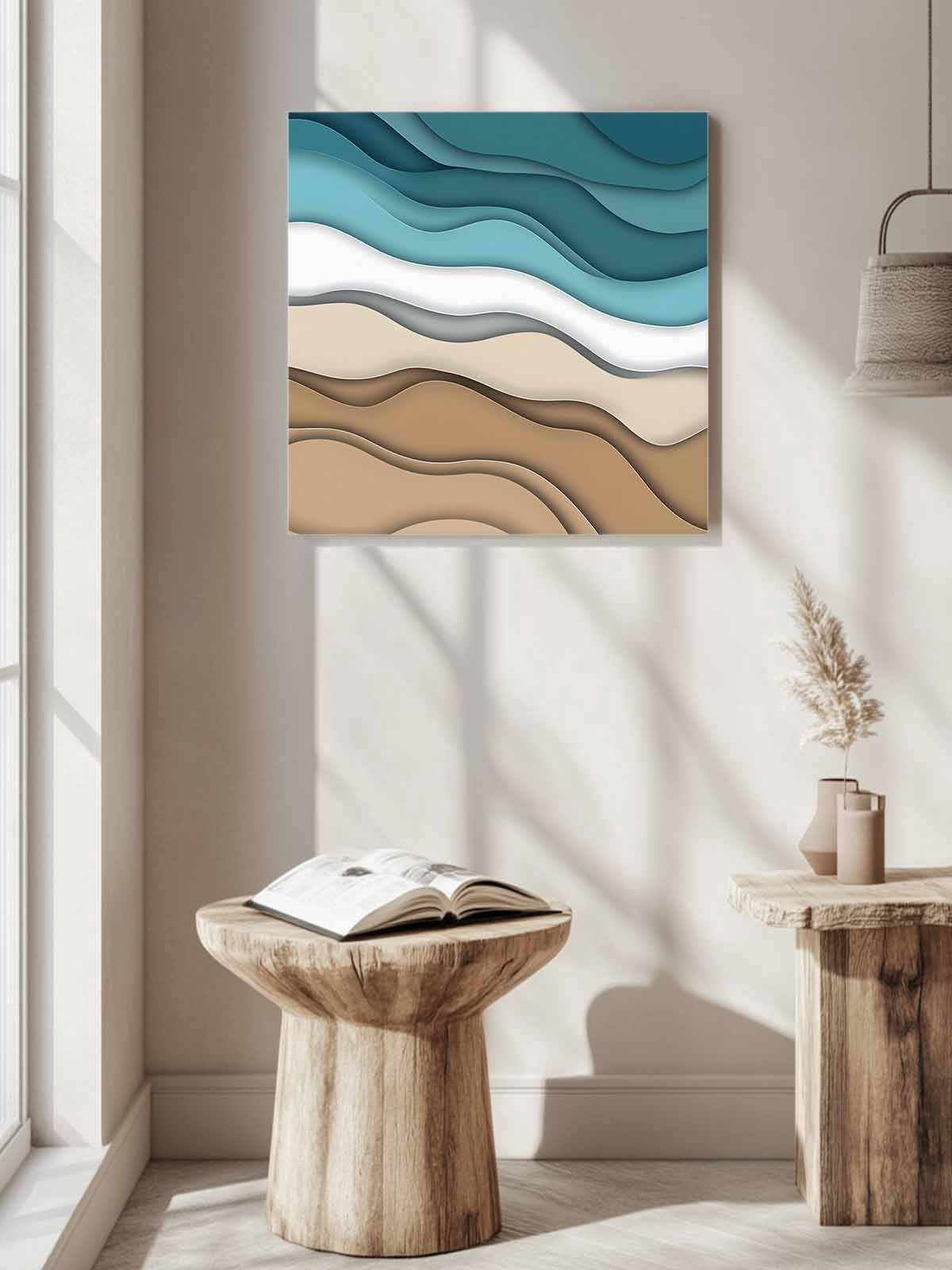 Turquoise Brown Ombre Canvas Wall Art, Turquoise Gradient Abstract Wave Geometric Framed Wall Decor Modern Artwork Prints Painting for Living Room, Bedroom, Kitchen & Cafe Decor 28x28 Inch