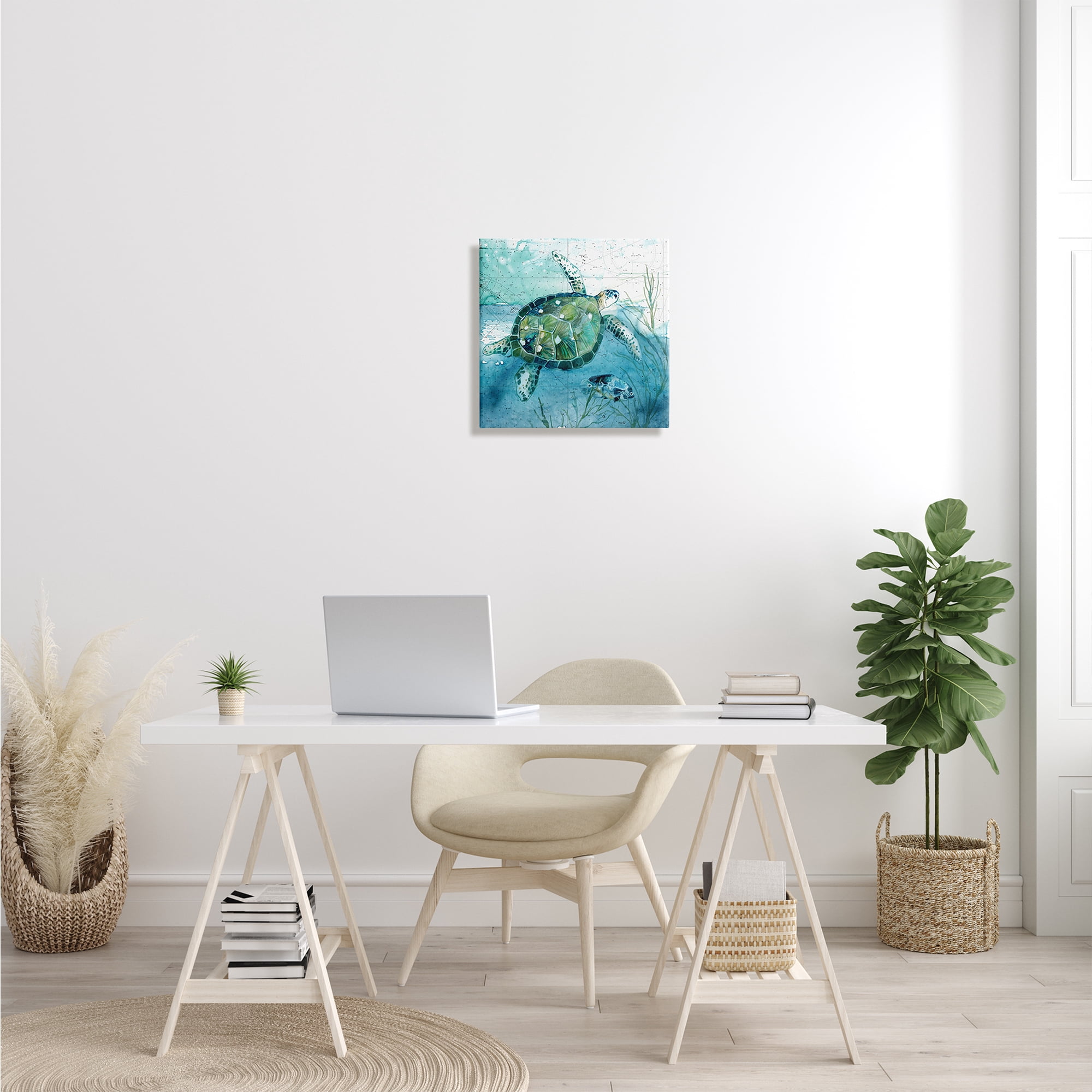 Sea Tortoise and Fish over Blue Nautical Ocean Map Animals & Insects Gallery-Wrapped Canvas Print Wall Art, 17x17
