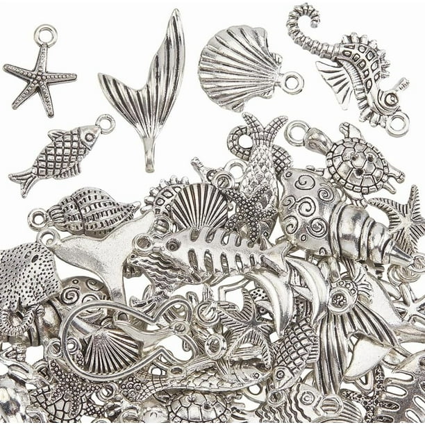 1 caja de 60 dijes de estrellas de mar de metal, dijes de aleación oceánica con forma de vida marina, tortugas, peces, conchas y colgantes de playa veraniega.