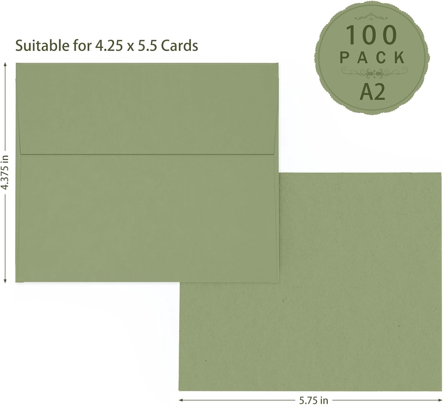 100 Pack A2 Sage Green Envelopes, 4.375 x 5.75 Greeting Card Envelopes 120 GSM, Self Seal Printable for 4.25 x 5.5 Cards, Photos, Invitations, Weddings, Graduation, Baby Shower