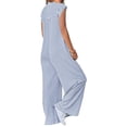 thumbnail image 6 of Women's Short Sleeve Wide Leg Striped Bodysuit Casual Round Neck Bodysuit Button Summer Suit, 6 of 8