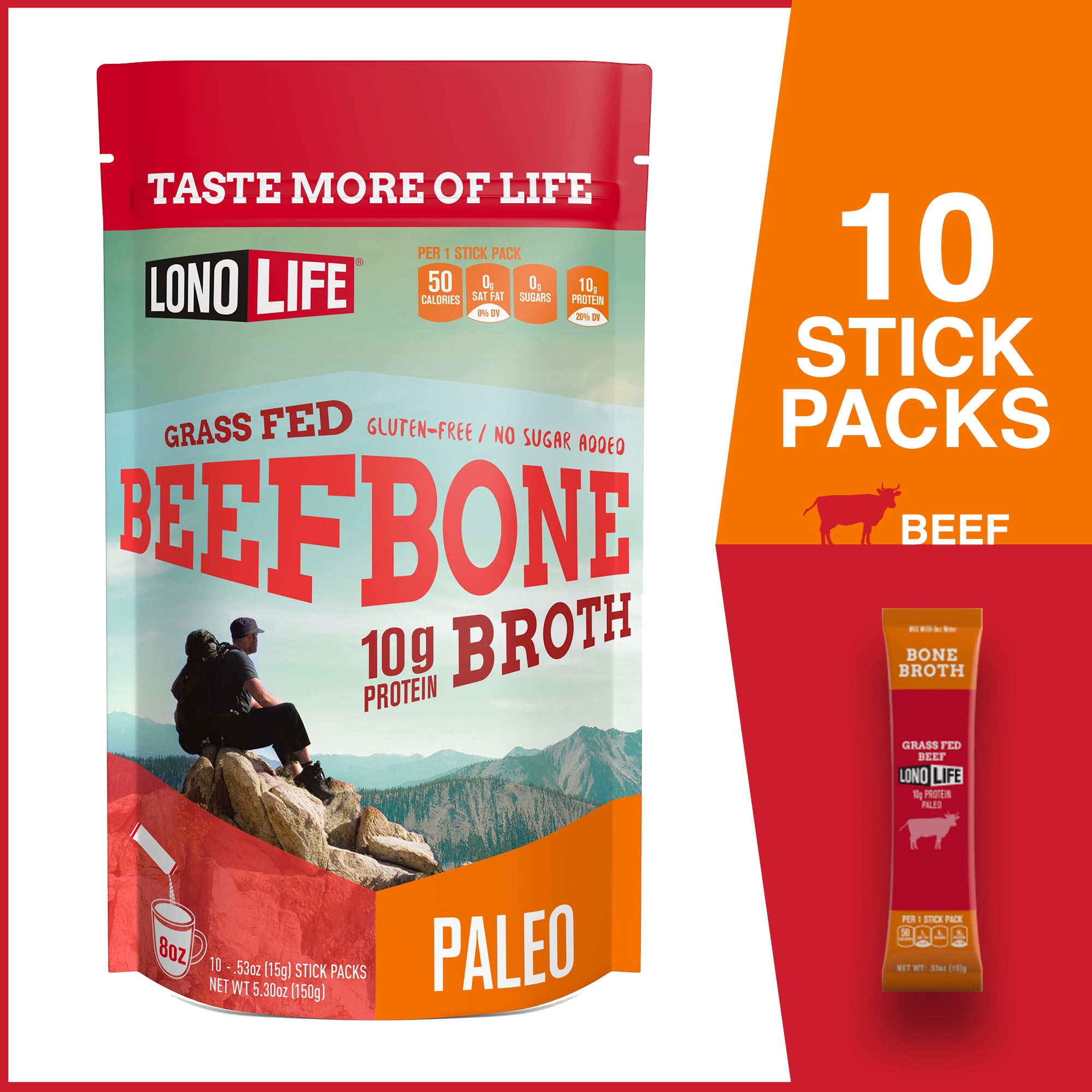 LonoLife Grass-Fed Beef Bone Broth Powder with 10g Protein, Paleo and Keto Friendly, Stick Packs, 10 Count