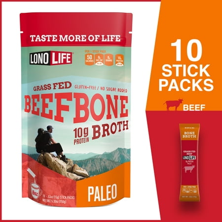LonoLife Grass-Fed Beef Bone Broth Powder with 10g Protein, Paleo and Keto Friendly, Stick Packs, 10