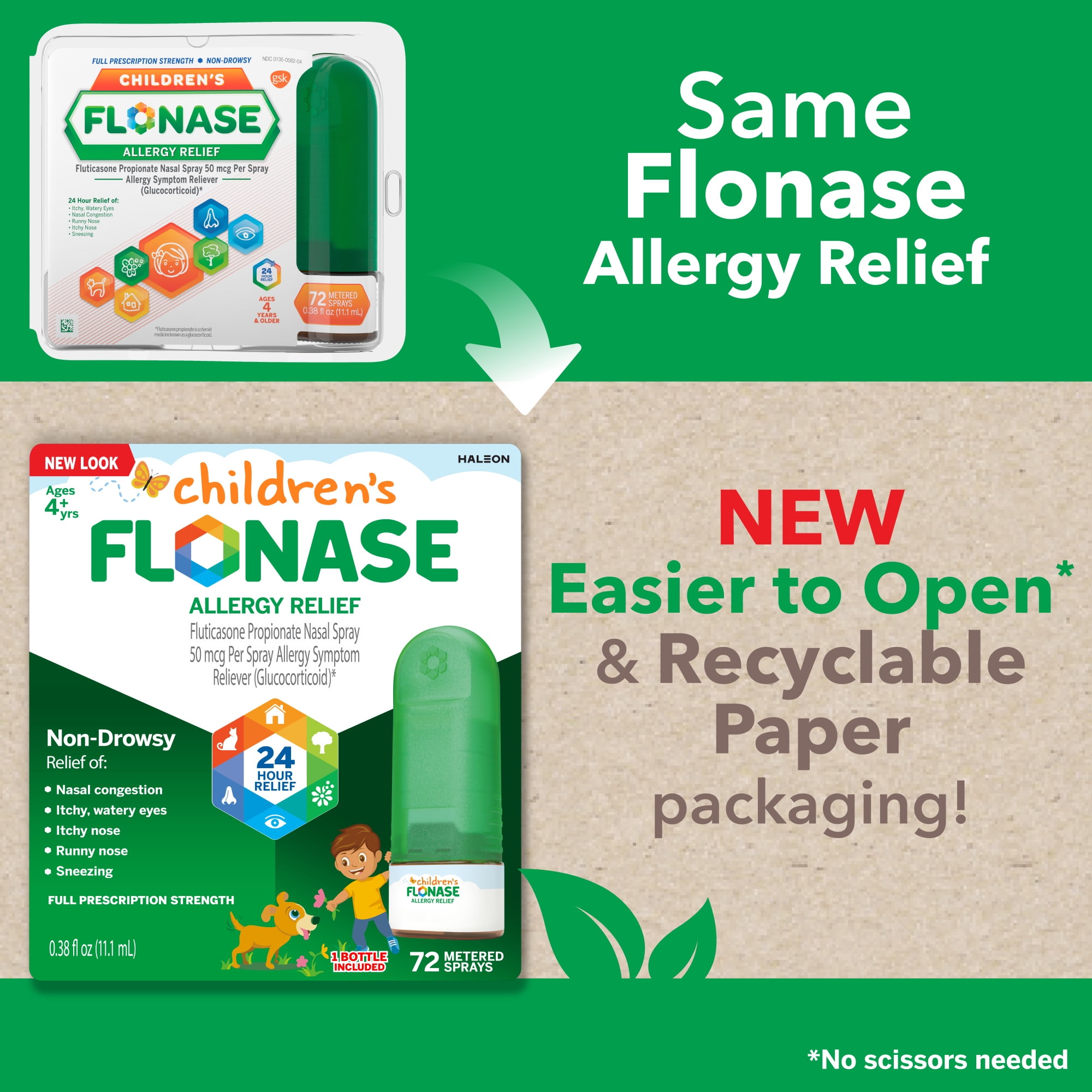 (3 pack) Flonase Children's 24 Hour Non-Drowsy Decongestant Severe Allergy Relief Medicine Nasal Spray, 72 Sprays