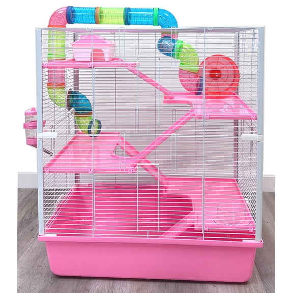 Pink X-LARGE Deluxe 5-Story Hamster Mansion Mouse Habitat Gerbil House Critters Mice Home Cage with Complete Set of Accessories Expandable and Customizable Crossover Tube Tunnel