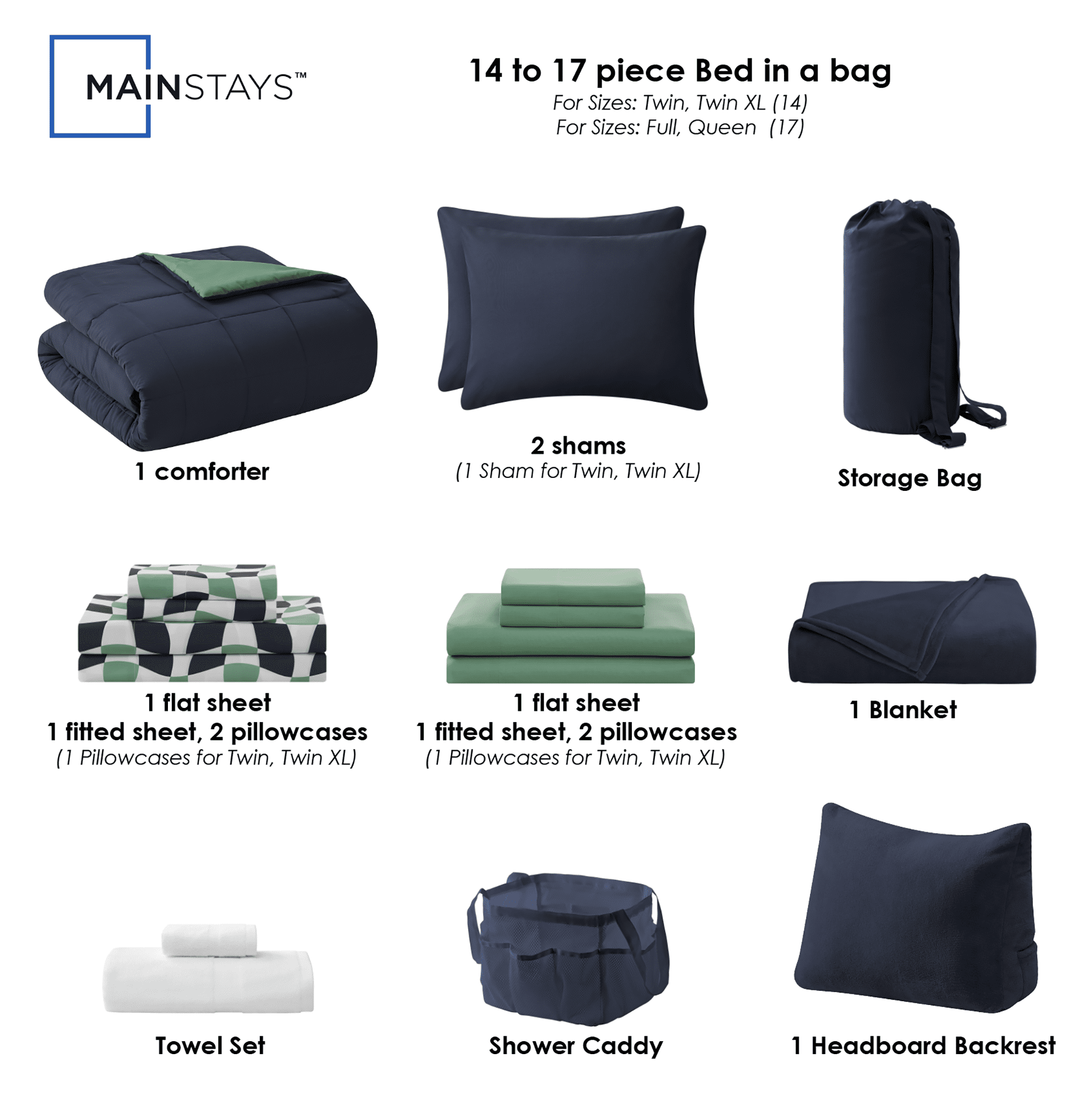 17pc College Dorm Essentials Bundle, Full, Reversible Bed in a Bag Comforter Set, Navy