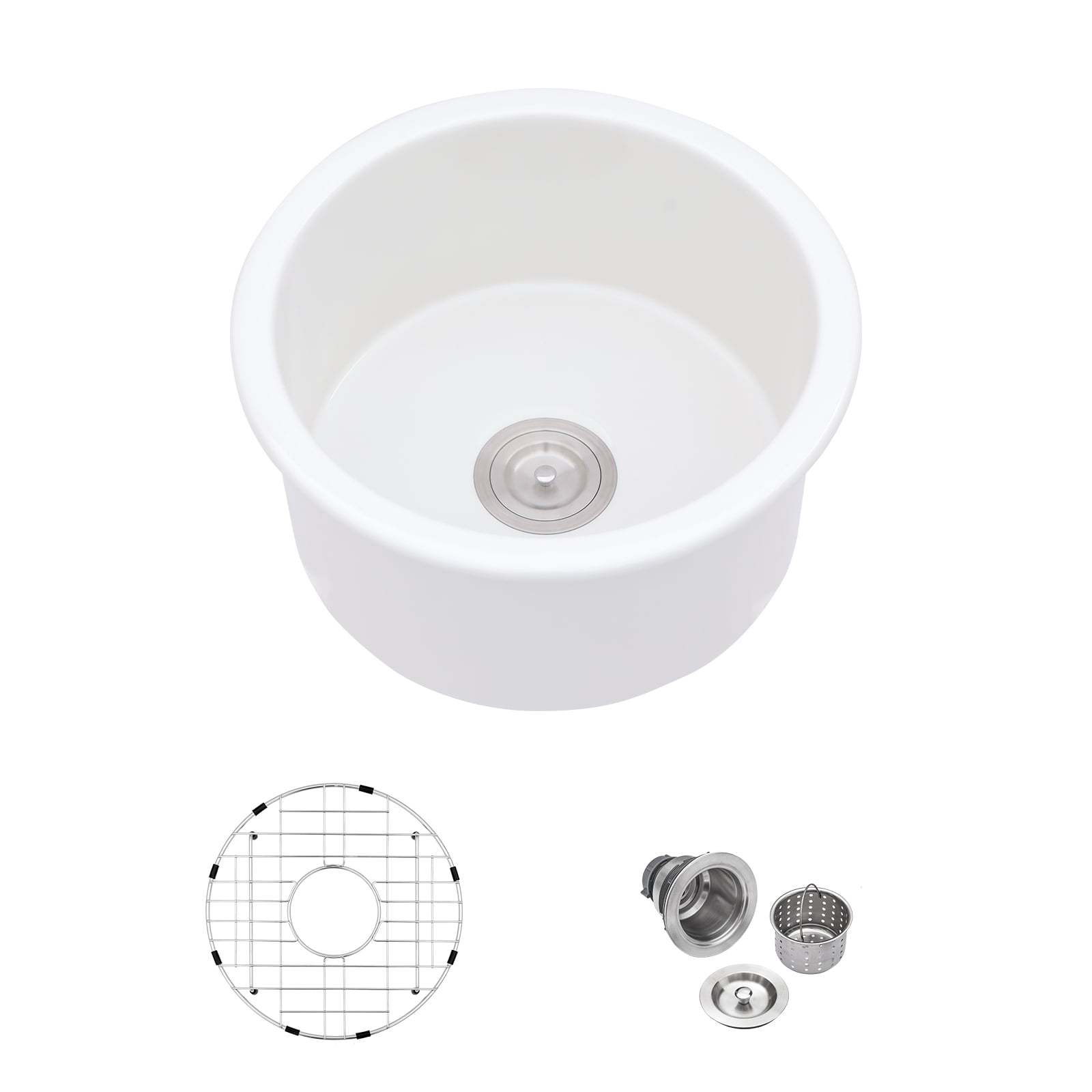 18 Inch Round White Kitchen Ceramic Sink Single Bowl Undermount Porcelain Sink with Bottom Grid and Drain Assembly Combo