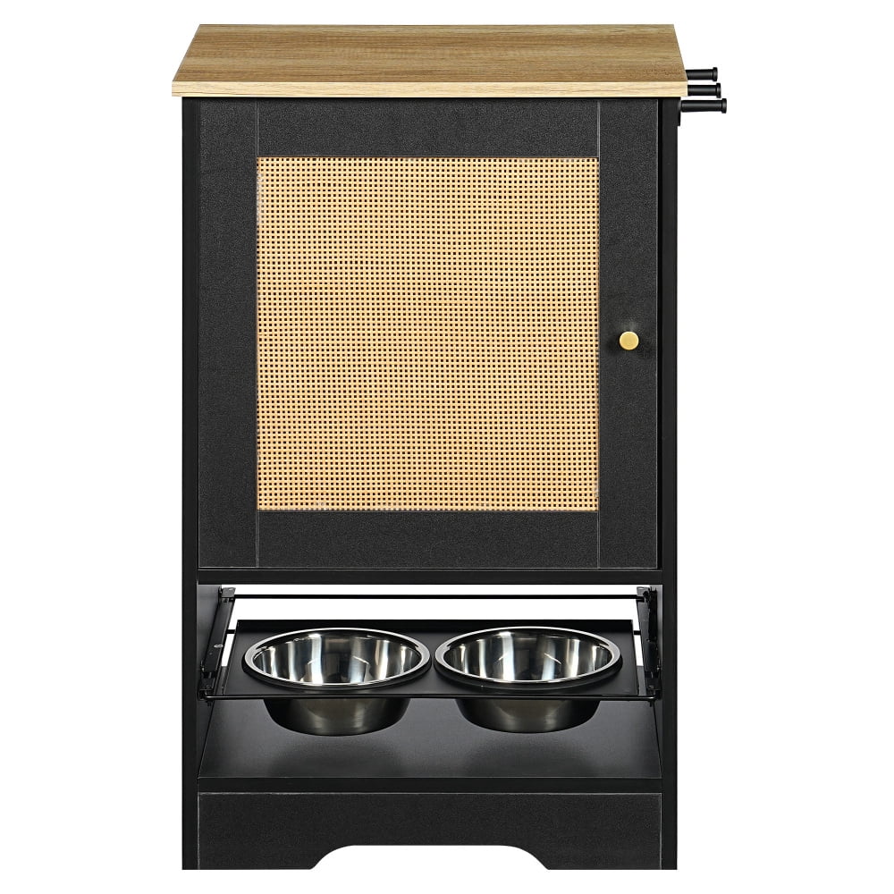 Feeding Station with 1 Storage Cabinets, Pet Feeding Station with 2 Elevated Dog Bowls, Side Hooks, Anti-tip Kit, Hidden Pet Feeder Station for Feeding & Watering, Black