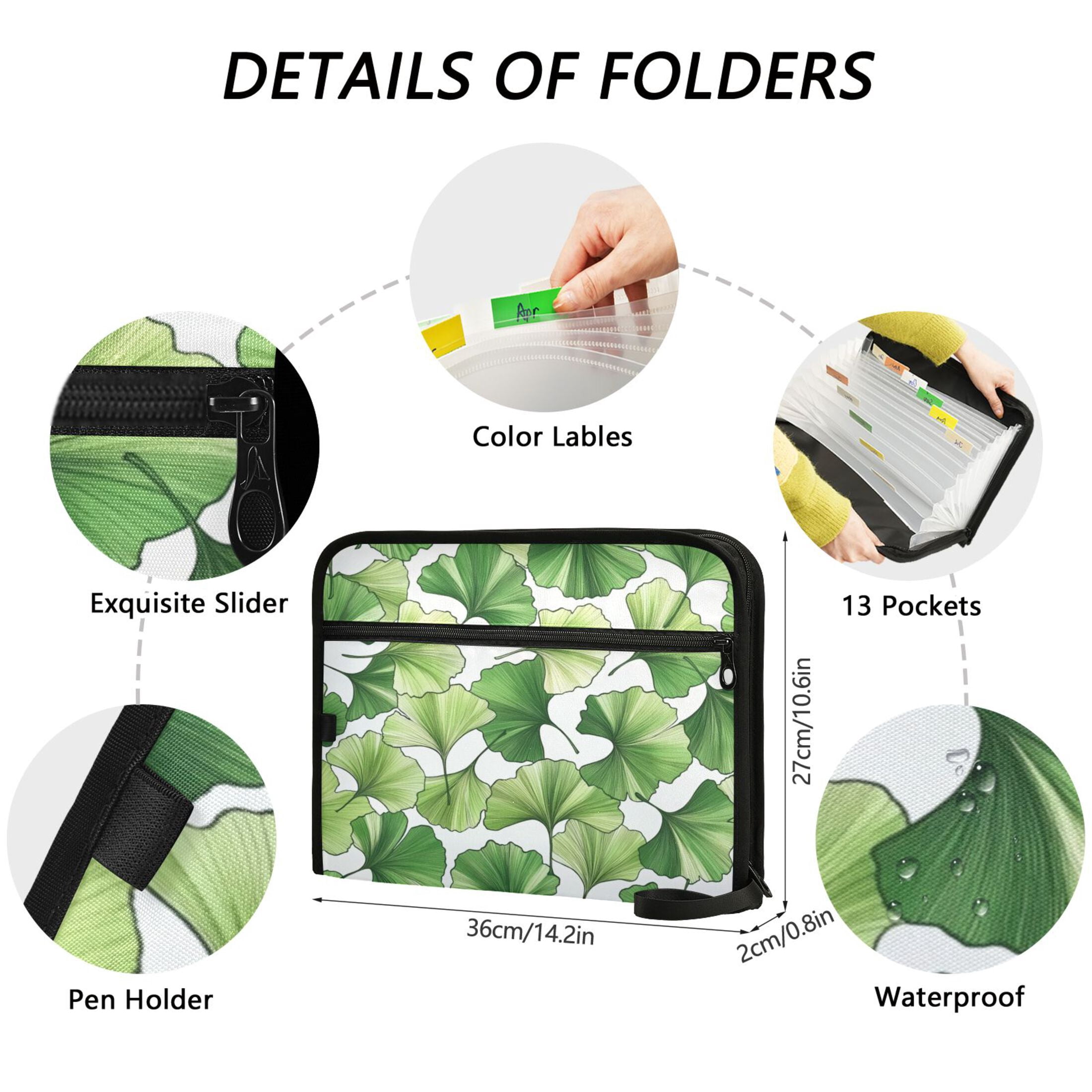 Accordion File Organizer with Zip Closure 13 Pockets Expanding File Folder Letter A4 Paper Document Organizer for Home Office Green Ginkgo Biloba