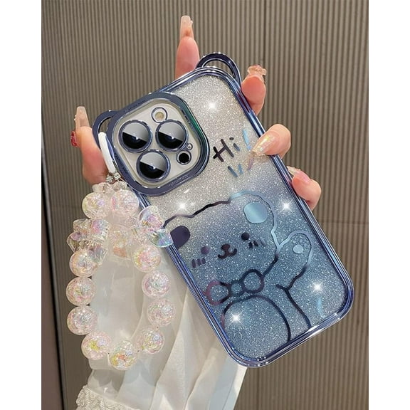 Cute Case for iPhone 14 Pro Max, Kawaii Bear Pattern Case with Butterfly Pearl Wrist Chain for Women/Girls Gift, Removable Glitter Papper Soft TPU Shockproof Cover 6.7 Inch, Sierra Blue