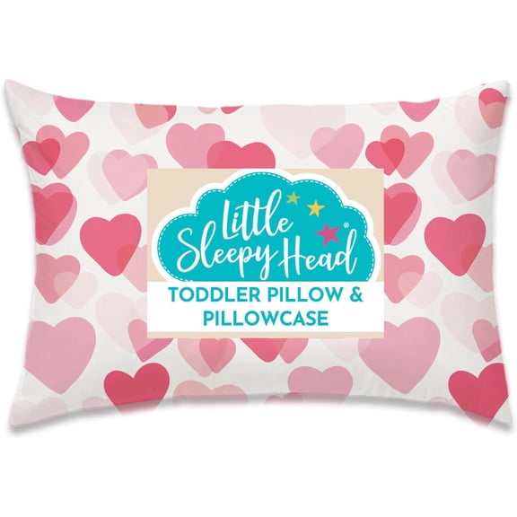 Little Sleepy Head Toddler Pillow with Pillowcase (Hearts Pink) Best Pillow for Kids! 13x18"