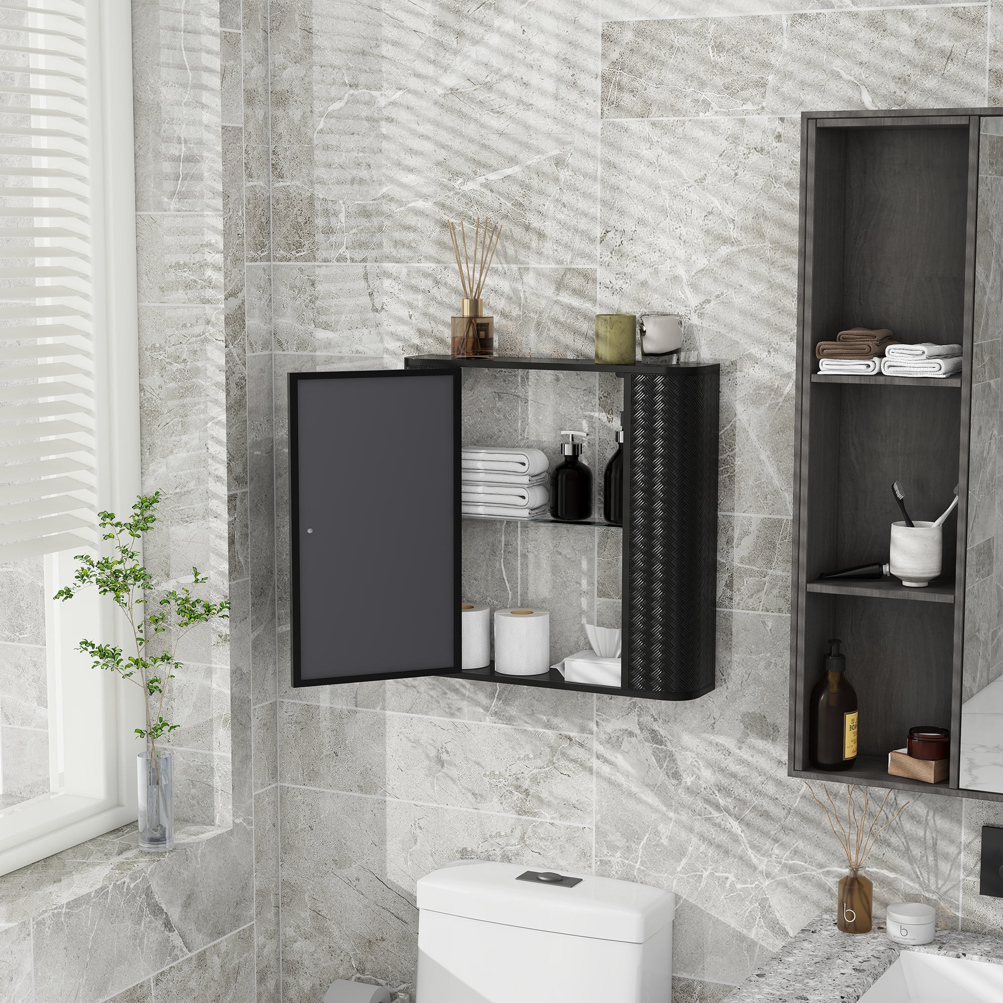 Bathroom Medicine Cabinet Over The Toilet Storage Wall Mounted Mirror Cabinet,&nbsp;with Glass Shelf Open Compartment and Magnetic Closure, Bathroom Organizer Antique Black