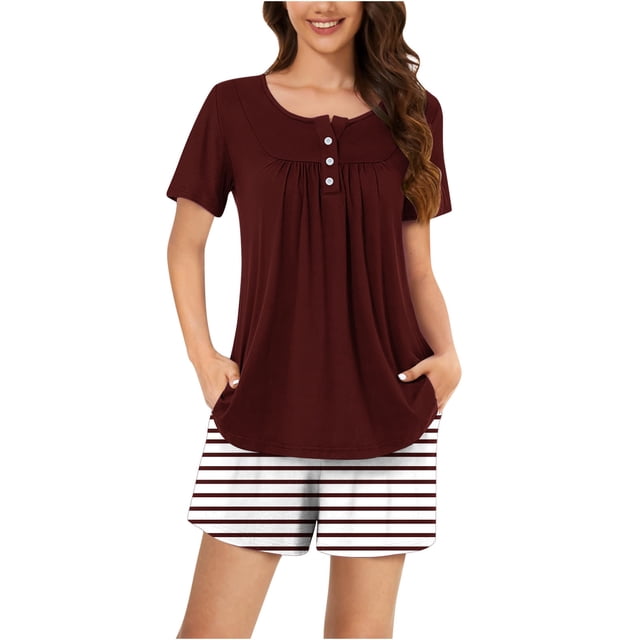Rbaofujie Pyjama pour Femmes Ensemble Femmes Décontracté Col Rond Imprimé Blouse à Manches Courtes Pantalon Mode Ensemble de Pyjama Chemises de Nuit pour Femmes