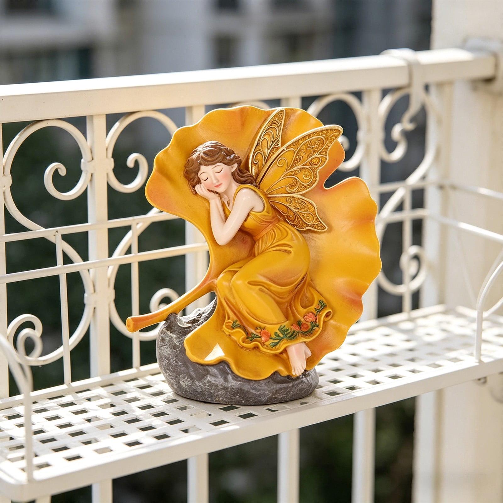 Resin Fairy Sleeping On Ginkgo Leaf Statue, 4x3.5 In Garden