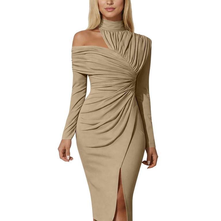 high neck semi formal dress Queendancer Women Elegant Black Formal Dress with Slit Sheath High Neck Ruffled Black Tie Dress queendancer