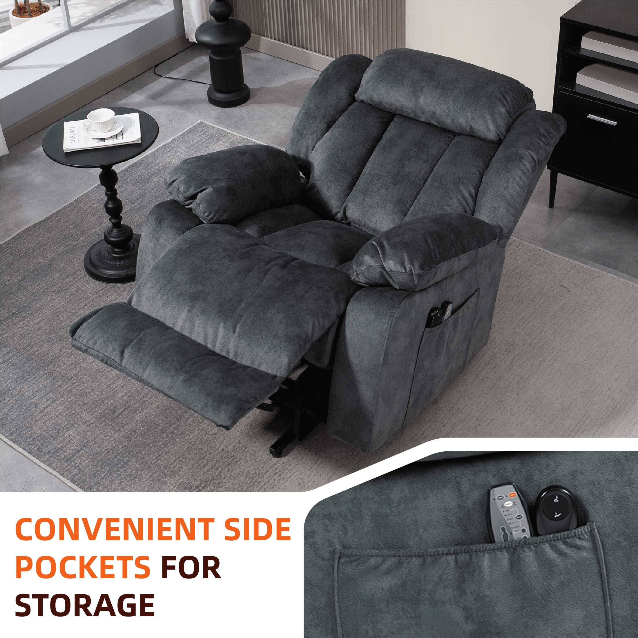 PAPROOS Recliner Chair, Electric Power Lift Recliner with Heat Therapy and Massage Function, Large Size Lift Chair with Remote and Side Pocket, Oversized Power Reclining Sofa, Gray Blue
